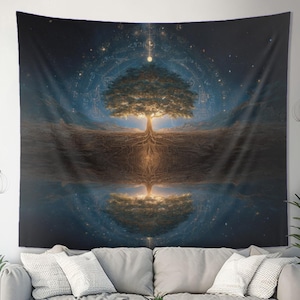 Tapiz del Árbol de la Luz de As Above, Árbol Celestial con Mapa Estelar y Raíces Reflejadas, Arte de Pared de Naturaleza Espiritual para el Equilibrio y la Quietud