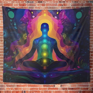 Chakra Awakening Meditation Tapestry, Vibrant Spiritual Wall Art, Psychedelic Yoga Tapestry for Healing, Dorm, or Meditation Room Decor