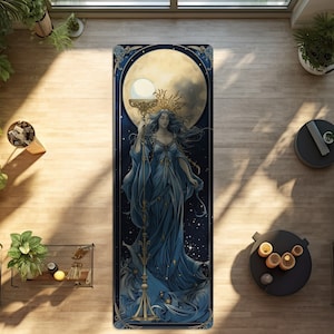 Lunar Goddess Rubber Yoga Mat, Ideal Gift for Moon Lovers, Oracle Tarot Card Aesthetic, Divine Feminine Touch, Durable and Lightweight