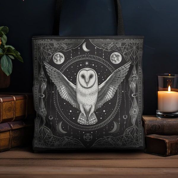 White Barn Owl Polyester Tote Bag (Double Sided) Dark Occult Aesthetic, Sacred Geometry Style Fashion, 3 Sizes, Black Handles