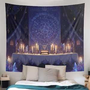 Tapeçaria de Altar da Convergência Celestial com Mapa Astrológico, Velas e Cristais - Arte de Parede Mística Witchcore para Decoração Boho ou Oculta
