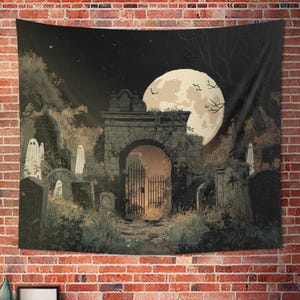 Moonrise Gravegate Tapestry with Full Moon Haunted Cemetery and Ghosts Spooky Gothic Halloween Wall Art for Witchy or Dark Academia Decor