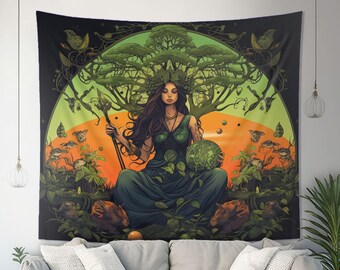 Plant Goddess Wall Tapestry, Divine Feminine Aesthetic, Spiritual Altar Cloth, Nature Lover Bedroom, Living Room & Meditation Space Decor