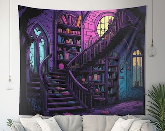 Witch's Library Staircase Wall Tapestry, Dark Cottagecore Aesthetic, Goth Altar Cloth, Folk Bedroom, Living Room & Meditation Space Decor