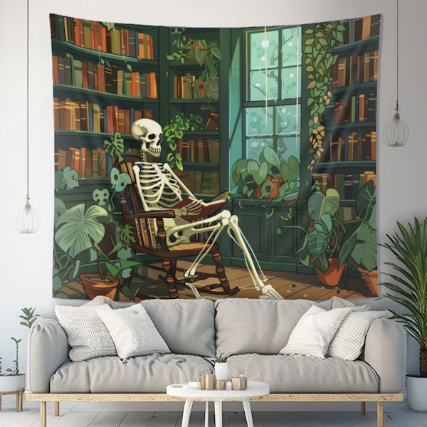 Skeleton Reading in Library Indoor Wall Tapestry, Gothic Folk Design, Cottagecore Aesthetic Enchanting Bedroom, Living, and Dorm Room Decor