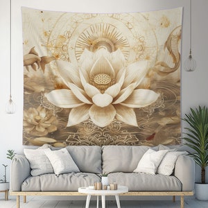 White Lotus Blossom Indoor Wall Tapestry, Ancient Occult Aesthetic Altar Cloth, Zen Nature Style Living, Dorm & Bed Room Decor