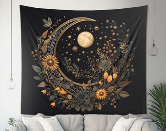 Crescent Moon & Wildflower Wall Tapestry: Dark Cottagecore Aesthetic, Mandala Style Wall Art, Witchy Altar Cloth, Lunar Gift, Multiple Sizes