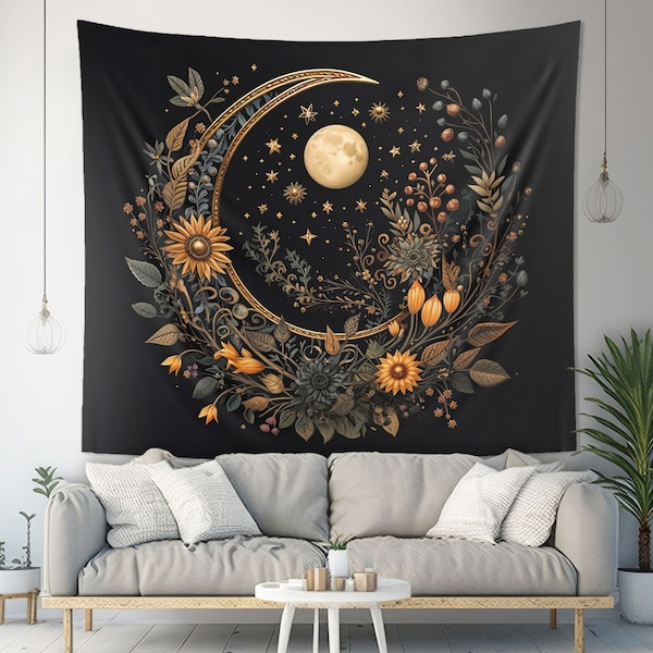 Crescent Moon & Wildflower Wall Tapestry: Dark Cottagecore Aesthetic, Mandala Style Wall Art, Witchy Altar Cloth, Lunar Gift, Multiple Sizes
