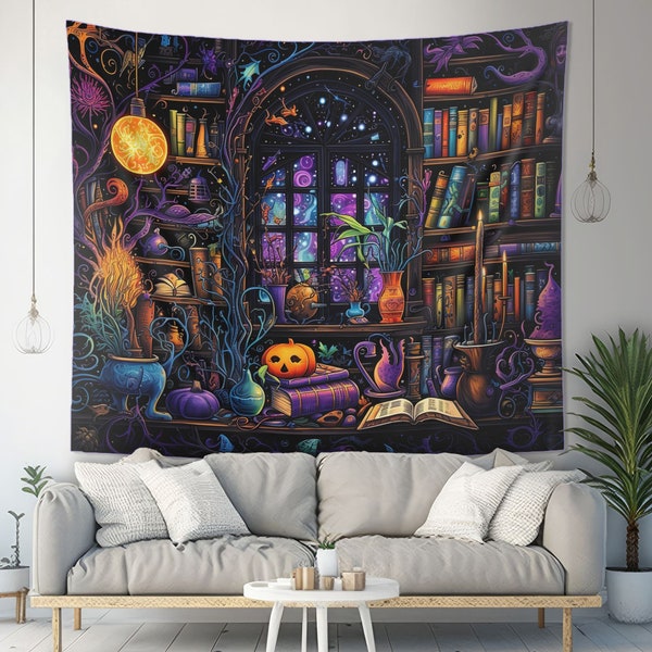 Witch's Library Wall Tapestry, Spooky Street Art Aesthetic, Altar Cloth, Halloween Lover Bedroom, Living Room & Meditation Space Decor