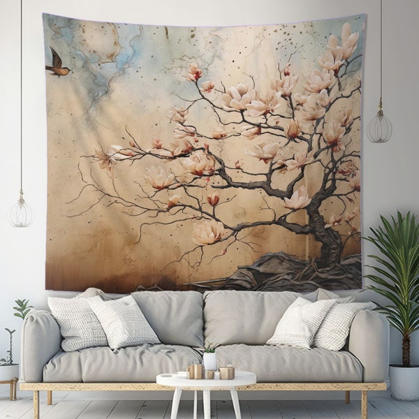 Magnolia Tree Wall Tapestry, Coffee Stain and Watercolor Aesthetic, Altar Cloth, Nature Lover Bedroom, Living Room & Meditation Space Decor