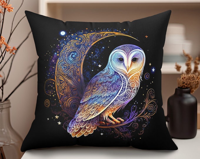 Celestial Style Electric Lunar Owl Square Throw Pillow, Galaxy Aesthetic, Spiritual Witchy Nature Lover Tea Mug, Moon Lover Gift