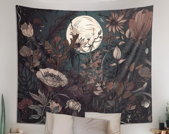 Botanischer Wildblumen Mond Wandteppich - Witchy Occult Aesthetic Boho Decor, Witch Wall Art, Multiple Sizes (36x26in - 104x88in)