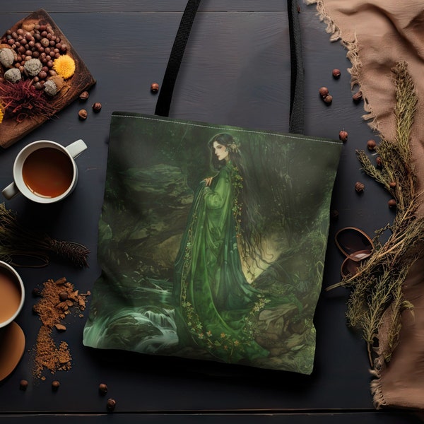 Danu's Enchanted Forest Tote Bag, Dual-Sided Celtic Mother Goddess Design, Verdant Elegance Mystical Carryall, Nature-Inspired Green Fashion