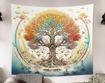 Rainbow Tree of Life Wall Tapestry, Renaissance Era Aesthetic, Nature Altar Cloth, Spiritual Bedroom, Living Room & Meditation Space Decor
