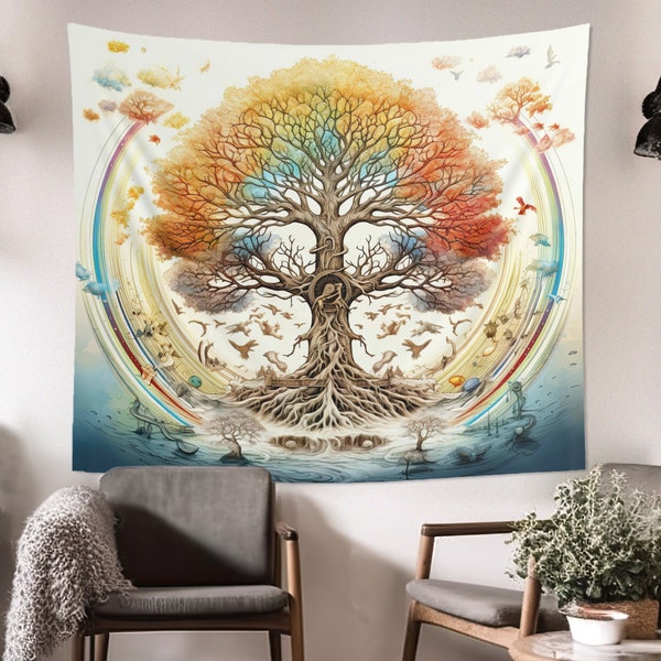 Rainbow Tree of Life Wall Tapestry, Renaissance Era Aesthetic, Nature Altar Cloth, Spiritual Bedroom, Living Room & Meditation Space Decor