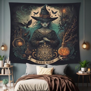 Herbal Magic Witch Wall Tapestry: Dark Cottagecore Aesthetic, Multiple Sizes (60x50in - 104x88in), Occult Altar Cloth, Witch Lover Gift