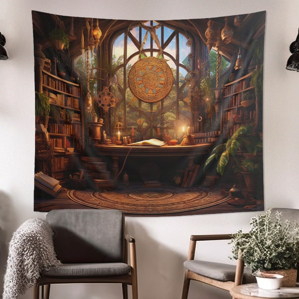 Mage's Altar in Study Wall Tapestry(4 Sizes) Mystic Design, Magic Occult Lover Gift, Enchanting Fantasy Bedroom, Living & Dorm Room Decor