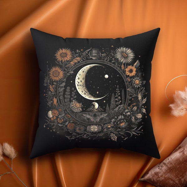 Crescent Moon and Wildflower Mandala Square Throw Pillow, Dark Cottagecore Aesthetic, Witchy Occult Folk Decor, Gift for Lunar Lovers