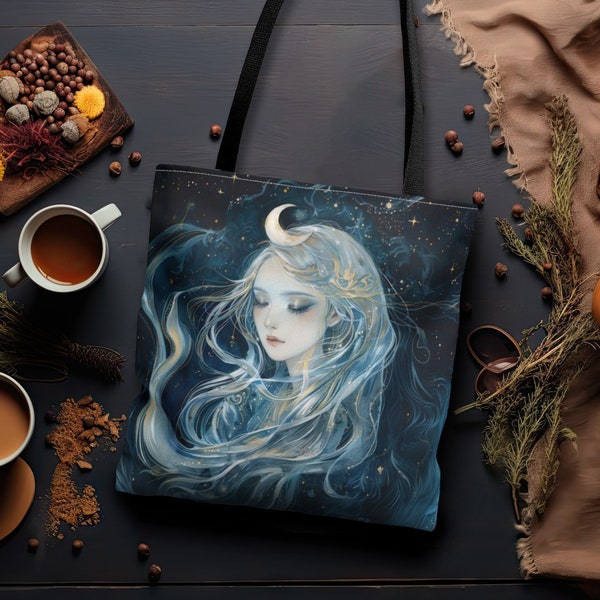 Selene's Moonlit Reverie Tote Bag, Dual-Sided Moon Goddess Design, Celestial Elegance, Ethereal Fashion, Lunar Accessory, Stylish Carryall