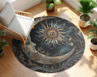 May include: A round rug with a dark blue background featuring a gold crescent moon and sun with intricate details. The moon has a face and the sun has a jewel in the center.
