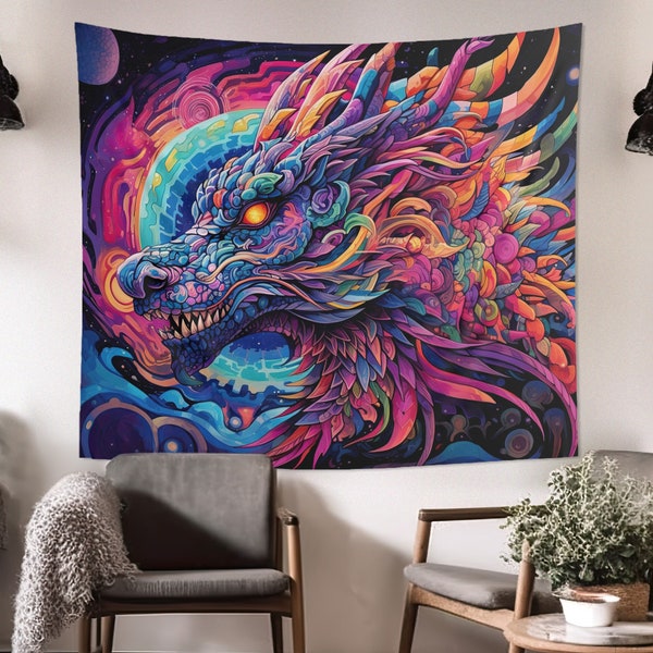 Cosmic Dragon Wall Tapestry Psychedelic Aesthetic, Spiritual Altar Cloth, Trippy Gift, Fantasy Core Home Decor