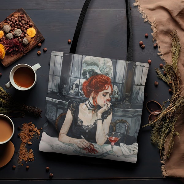 Persephone's Repose Artistic Dual-Sided Tote Bag, Pomegranate & Elegance, Accessory for the Fashion-Conscious, Myth-Inspired, Stylish Design