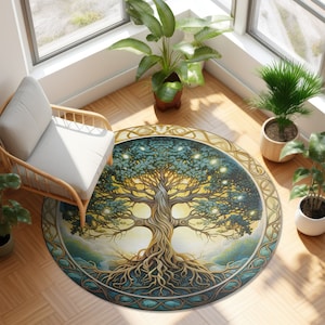 Celtic Tree of Life Chenille Large Round Area Rug, Nature Mandala Design, Ancient Spiritual Decor, Bedroom, Living Room & Meditation Space