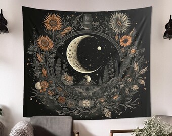 Alchemical Crescent Moon and Wildflowers Mandala Wall Tapestry: Occult Aesthetic, Multiple Sizes (36x26in - 104x88in), Altar Cloth