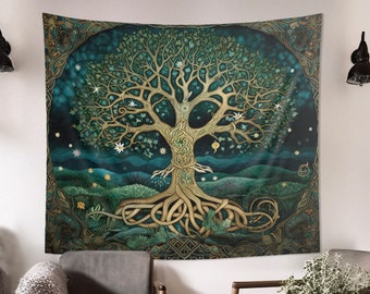 Celtic Style Tree of Life Wall Tapestry: Folk Aesthetic, Multiple Sizes (36x26in - 104x88in), Nature Wall Art, Decorative Altar Cloth