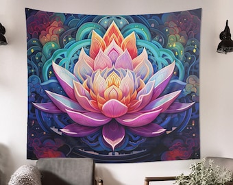 Blooming Lotus Flower Wall Tapestry Psychedelic Aesthetic, Spiritual Altar Cloth, Plant Lover Gift, Meditation Room & Yoga Studio Decor