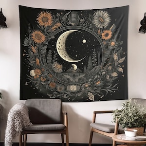 Alchemical Crescent Moon and Wildflowers Mandala Wall Tapestry: Occult Aesthetic, Multiple Sizes (36x26in - 104x88in), Altar Cloth