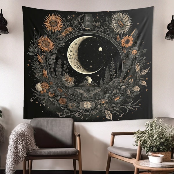 Alchemical Crescent Moon and Wildflowers Mandala Wall Tapestry: Occult Aesthetic, Multiple Sizes (36x26in - 104x88in), Altar Cloth