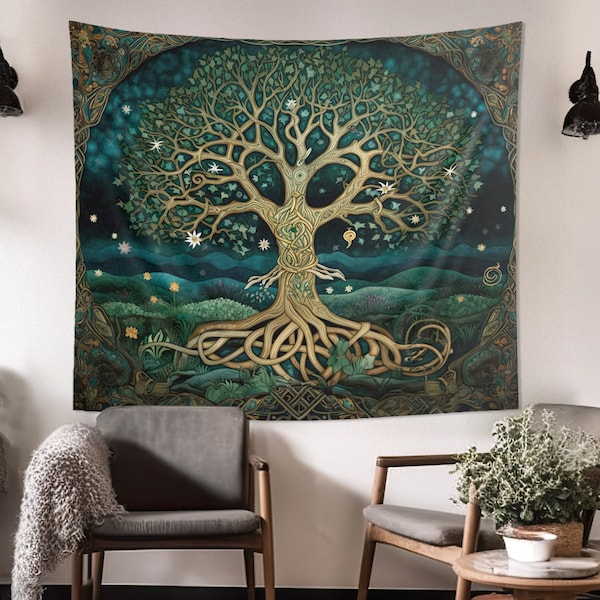 Celtic Style Tree of Life Wall Tapestry: Folk Aesthetic, Multiple Sizes (36x26in - 104x88in), Nature Wall Art, Decorative Altar Cloth