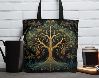 Árbol alquímico de la vida 100% poliéster Tote Bag: Witchy Ocult Aesthetic, regalo de los amantes de la naturaleza, estilo de moda espiritual, 3 tamaños disponibles