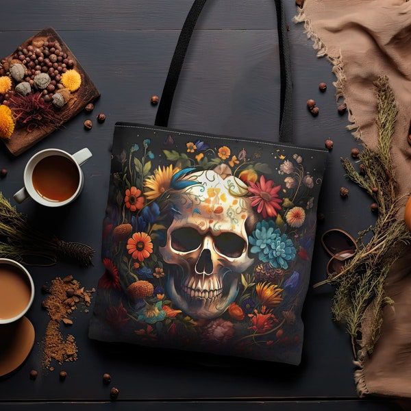 Skull and Wildflowers Double Sided Tote Bag(3 Sizes) Boho Hippy Style Design, Dark Academia Aesthetic, Floral Style Fashion, Black Handles