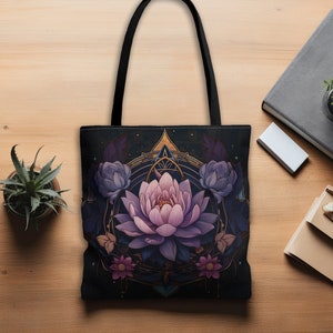 Purple Lotus Flower Blossom Mandala Double Sided Polyester Tote Bag(3 Sizes), Witchy Design, Mystical Spiritual Fashion, Nature Lover Gift