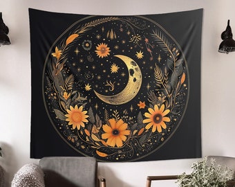 Crescent Moon & Wildflower Wall Tapestry: Cottagecore Aesthetic, Dark Mandala Lithprint Style Wall Art, Witchy Altar Cloth, Multiple Sizes