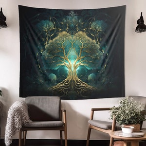 Glowing Tree of Life Wall Tapestry: Bioluminescent Aesthetic, Multiple Sizes (36x26in - 104x88in), Nature Wall Art, Dreamy Altar Cloth