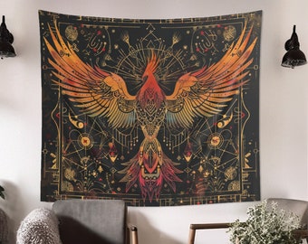 Phoenix Rising Indoor Wall Tapestry, Dark Occult Design, Sacred Geometry Aesthetic Enchanting Bedroom, Living, and Dorm Room Decor