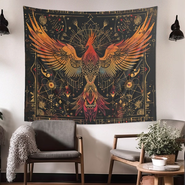 Tapiz de pared interior Phoenix Rising, diseño oculto oscuro, geometría sagrada estética encantadora decoración de dormitorio, sala de estar y dormitorio