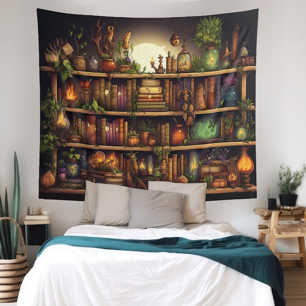 Witch's Magic Bookshelf Wall Tapestry(4 Sizes) Dark Academia Design, Mystic Occult Lover Gift, Enchanting Bedroom, Living & Dorm Room Decor