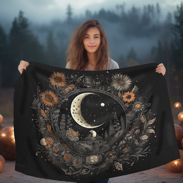 Alchemical Crescent Moon and Wildflowers Mandala Plush Velveteen Throw Blanket: Witchy Occult Aesthetic, Moon Lovers Gift, Witch Blanket