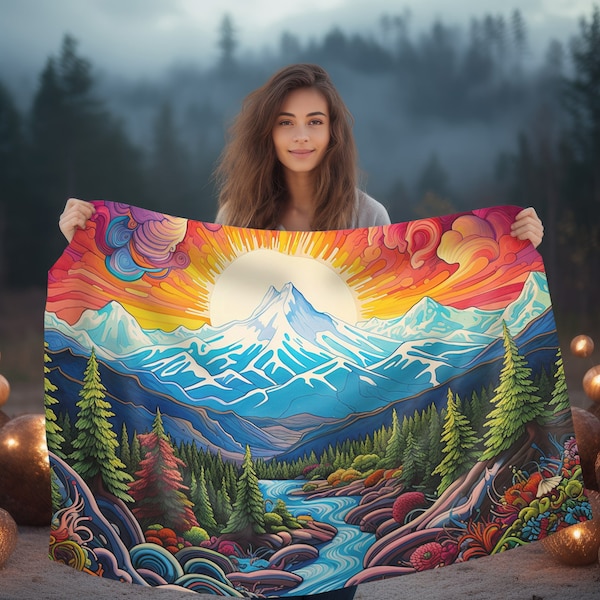 Mt. Shasta at Sunset Scene Double Sided Throw Blanket(3 Sizes), Psychedelic Visionary Design, Boho Hippy Bedroom, Living & Dorm Room Decor