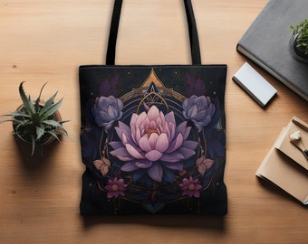 Purple Lotus Flower Blossom Mandala Double Sided Polyester Tote Bag(3 Sizes), Witchy Design, Mystical Spiritual Fashion, Nature Lover Gift