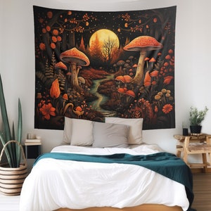 Mushrooms and Wildflowers Wall Tapestry, Dark Cottagecore Aesthetic, Witchy Altar Cloth, Fall Themed Bedroom, Living Room & Office Decor