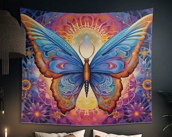 Psychedelic Butterfly Wall Tapestry Vibrant Colorful Aesthetic, Spiritual Altar Cloth, Animal Lover Gift, Meditation & Yoga Studio Decor