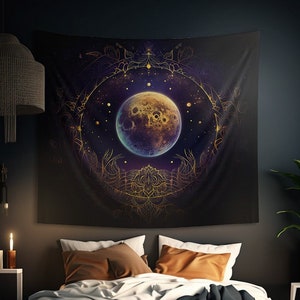 May include: A tapestry depicting a large, golden moon with a purple and blue glow, surrounded by intricate gold designs on a black background. The tapestry is hanging on a wall above a bed with brown and white bedding.