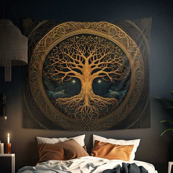 Gold Tree of Life Wall Tapestry Ancient Occult Aesthetic, Spiritual Altar Cloth, Celtic Bedroom, Living Room & Meditation Space Decor