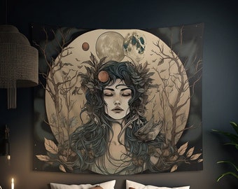 Lunar Goddess Wall Tapestry: Witchy Occult Aesthetic, Water-resistant, Multiple Sizes (36x26in - 104x88in), Witch Wall Art, Altar Cloth