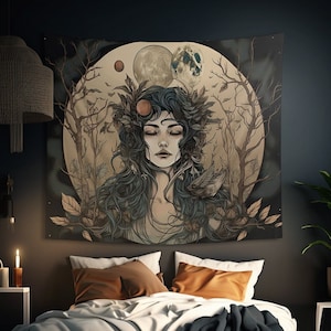 Lunar Goddess Wall Tapestry: Witchy Occult Aesthetic, Water-resistant, Multiple Sizes (36x26in - 104x88in), Witch Wall Art, Altar Cloth